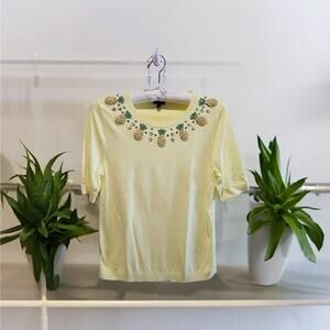Talbots Sweater Top Womens Petite L Yellow SSleeve Pineapple Sequin‎ Pullover